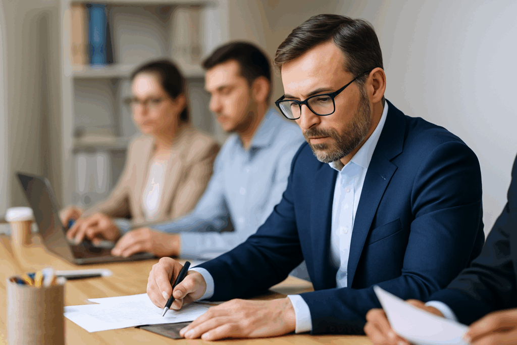 Trois consultants Salesforce en réunion dans un environnement professionnel, représentant la fiabilité et l’organisation de la sélection des freelances SF Talent.