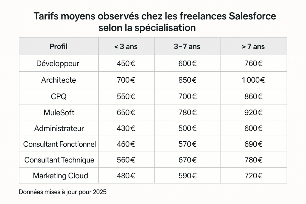 Tableau des TJM freelance Salesforce selon les années d'expérience