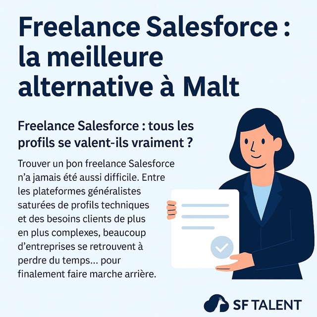 Illustration d’un freelance Salesforce présenté sur la plateforme SF Talent, alternative spécialisée à Malt