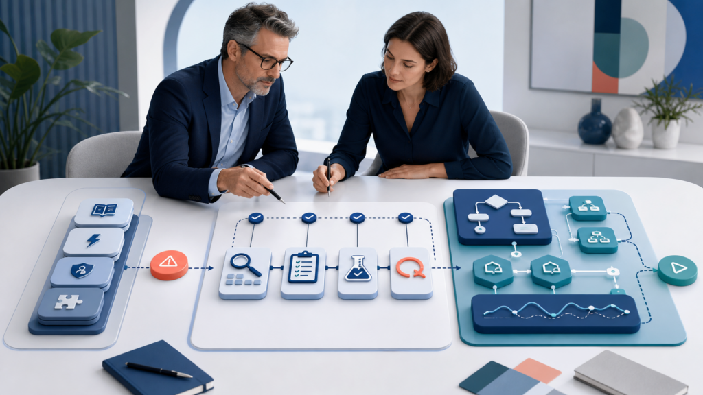 Deux consultants évaluent un plan de migration vers Agentforce Builder avec inventaire, tests et rollback