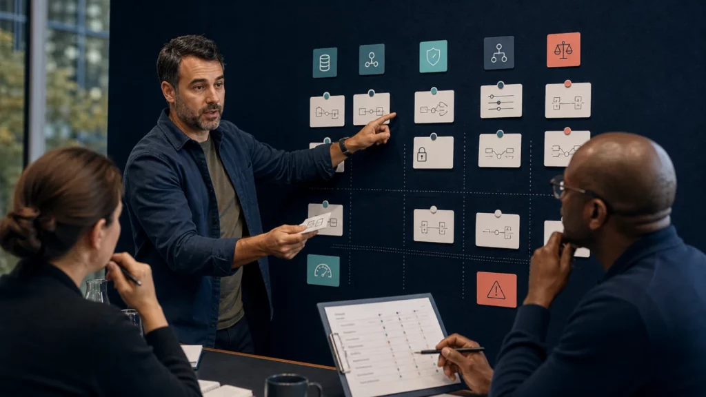 Un candidat architecte Salesforce explique ses arbitrages de données, sécurité et intégration lors d’un entretien structuré